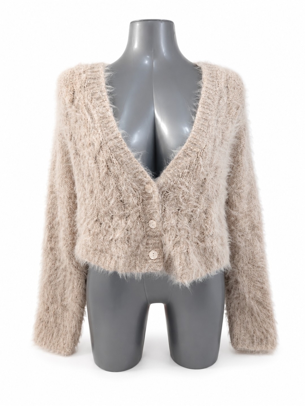 Anthropologie Cream Fuzzy V-Neck Button Cardigan - Picture 2 of 6